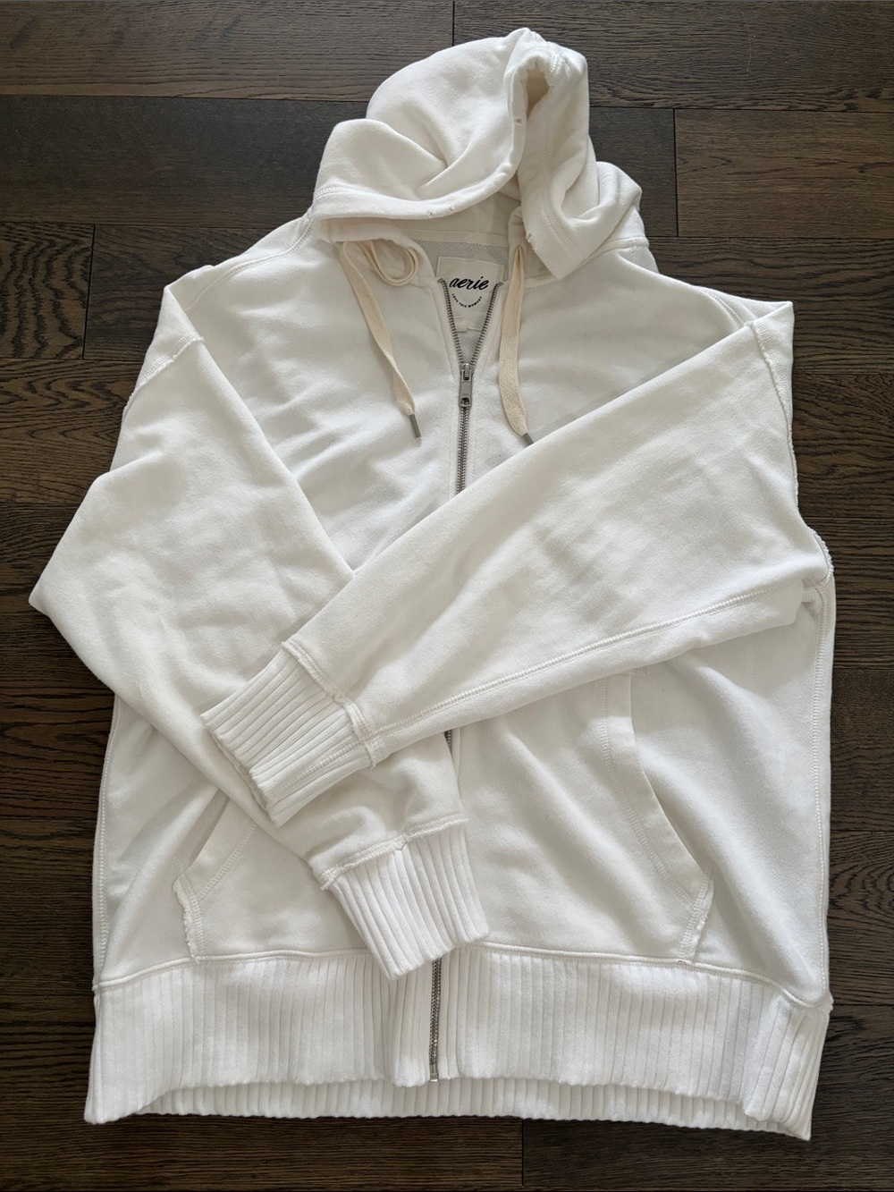 Aerie Women's White Full-Zip Hooded Sweatshirt Kangaroo Oversized Comfy Cozy M